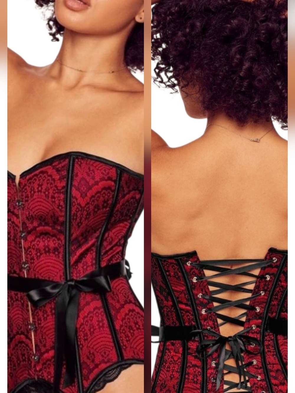 Adore Me Jasmine Boned Corset Red/Black Lace Garters Satin Bow Size M Tie Back